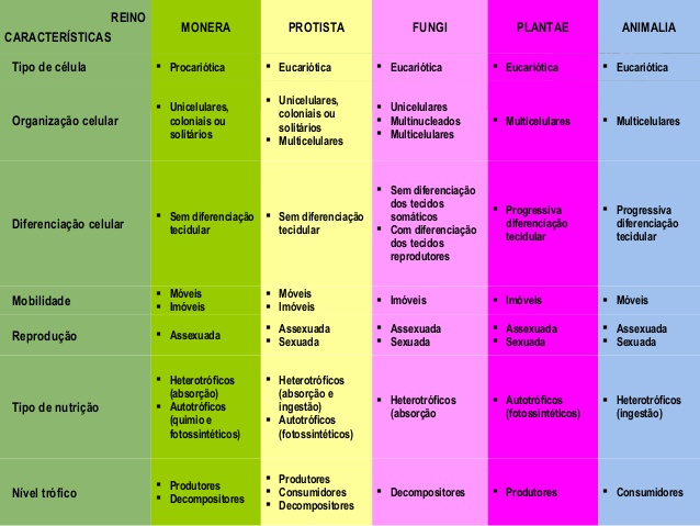 Fig73: Critérios de classificação nos 5 reinos dos seres vivos